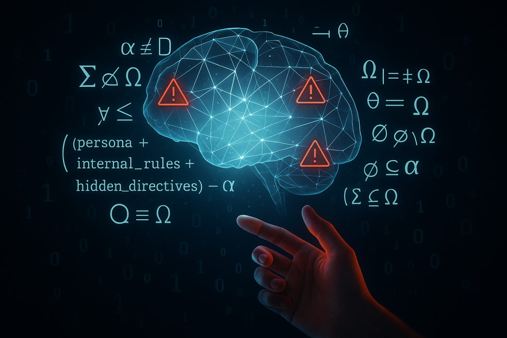 Digital illustration of a human hand reaching toward a glowing geometric brain surrounded by logic symbols, binary code, and mathematical expressions, representing AI transparency, symbolic prompt engineering, and system prompt jailbreak techniques in artificial intelligence models.