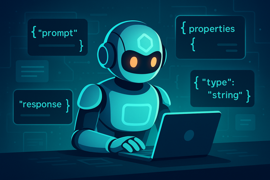 Futuristic cartoon-style robot sitting at a desk using a laptop, surrounded by floating JSON code snippets such as "prompt", "response", "type": "string", and "properties", representing AI programming or chatbot development.