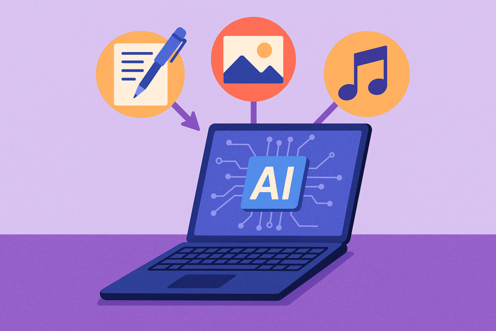 Illustration of a laptop with an âAIâ chip displayed on the screen. Three orange circles above show icons for writing (a pen and paper), images (a picture of mountains and sun), and music (a musical note), each connected to the laptop, symbolizing AI creating text, images, and music.