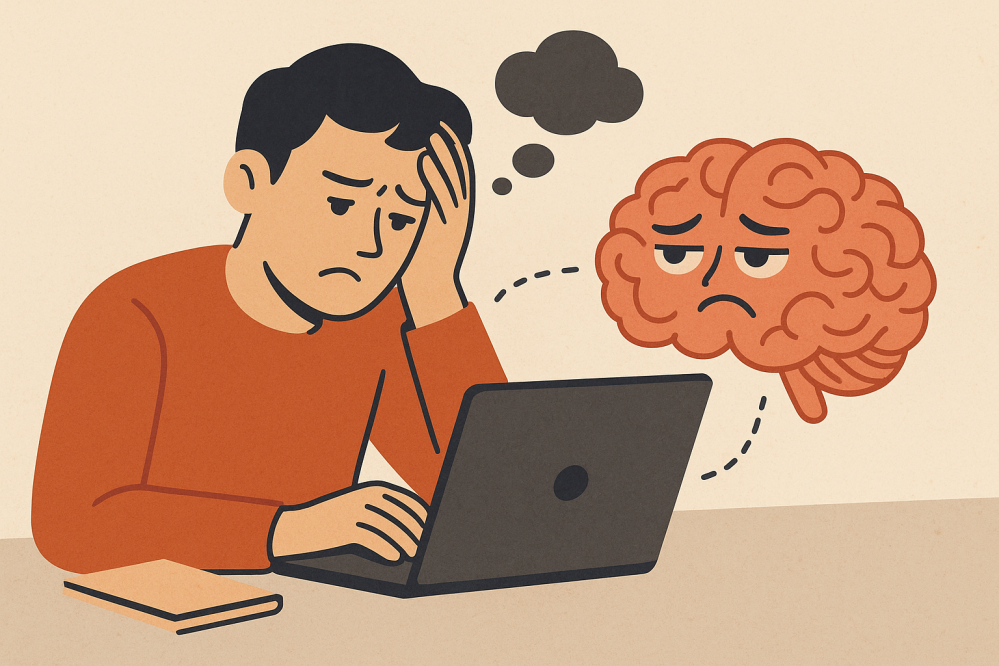 Illustration of a stressed man sitting at a laptop, holding his head with a worried expression. A sad, anthropomorphic brain floats beside him, connected by a thought bubble, symbolizing mental fatigue or burnout.