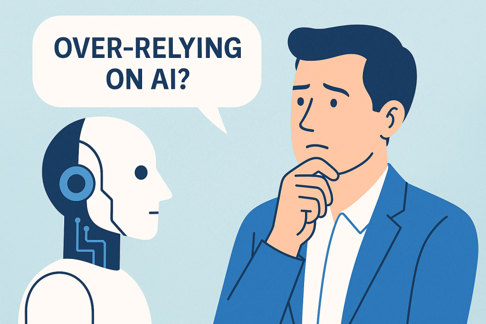 Illustration of a humanoid robot speaking to a thoughtful man in a suit. A speech bubble from the robot asks, âOver-relying on AI?â The man looks concerned, with his hand on his chin.