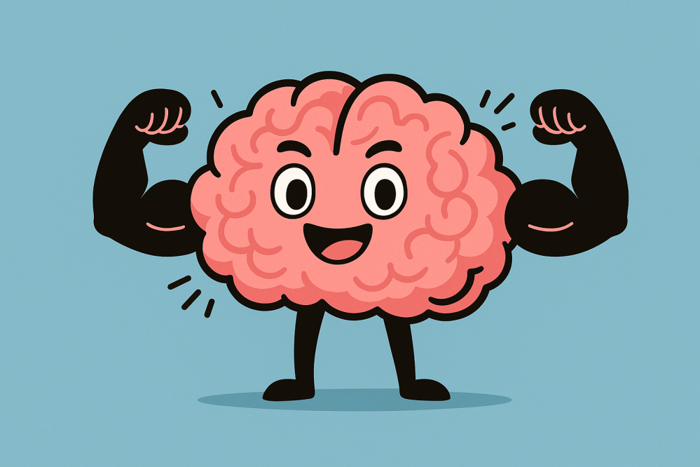Cartoon illustration of a smiling brain character with muscular arms flexing and standing proudly on two legs against a blue background.