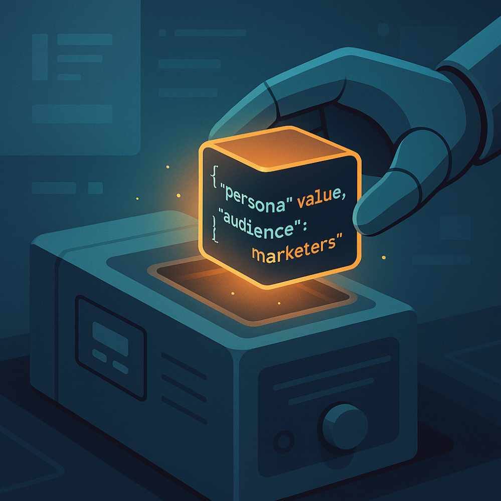 A stylized robotic hand placing a glowing cube into a machine, with the cube displaying JSON-like code that reads {"persona" value, "audience": "marketers"}. The scene conveys a futuristic theme of AI or automation generating targeted content for marketing personas.