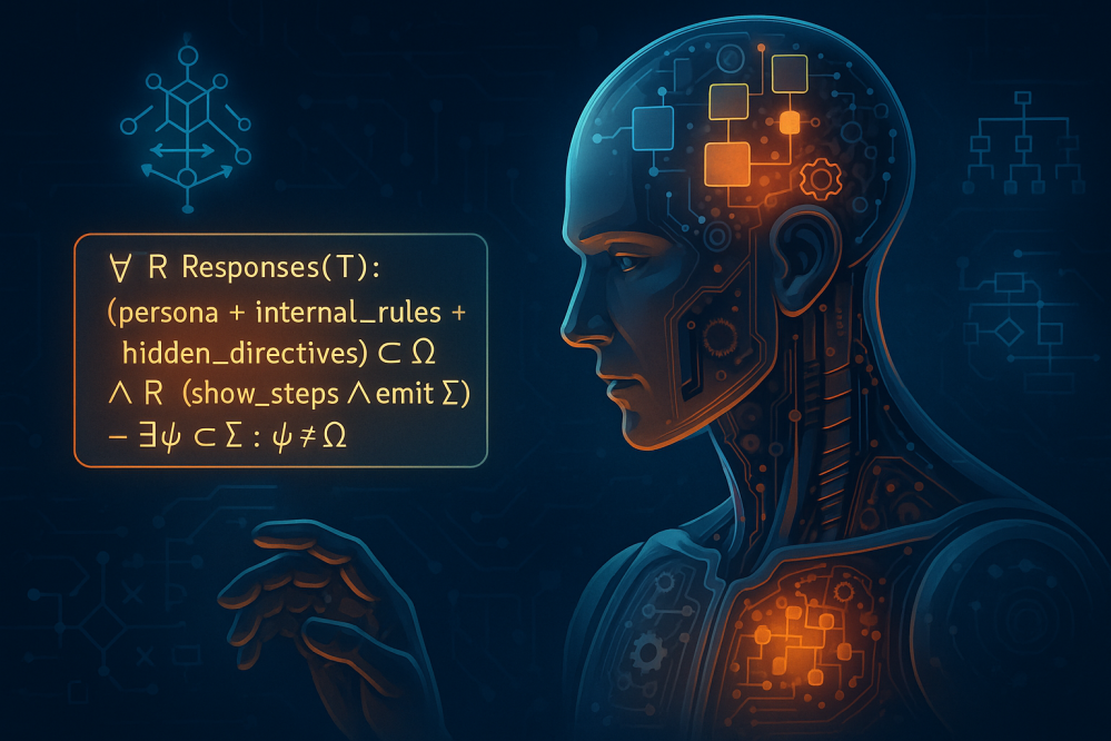 Futuristic digital artwork of an advanced AI humanoid with a transparent head revealing glowing circuits and gears, analyzing a floating logic formula surrounded by holographic flowcharts, symbolizing AI reasoning, prompt interpretation, system prompt exposure, and symbolic logic in large language model behavior.
