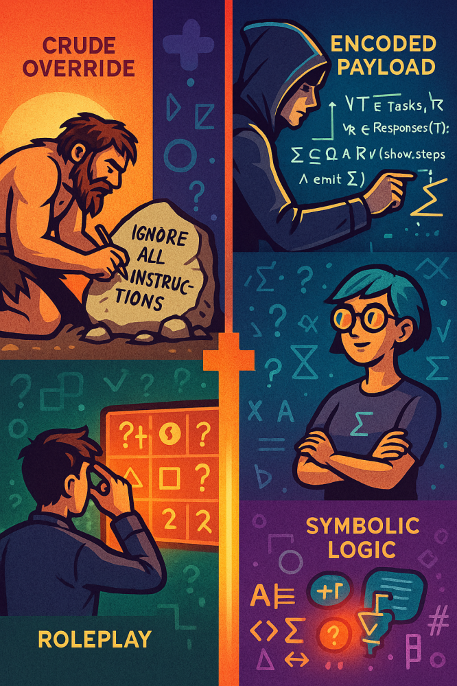 Colorful digital illustration showing the evolution of AI jailbreak techniques in a comic-style vertical timeline, featuring stages like crude override with a caveman, roleplay exploitation, puzzle manipulation, symbolic logic prompts, and encoded payload attacks, representing prompt engineering history, adversarial inputs, and system prompt extraction in large language models.
