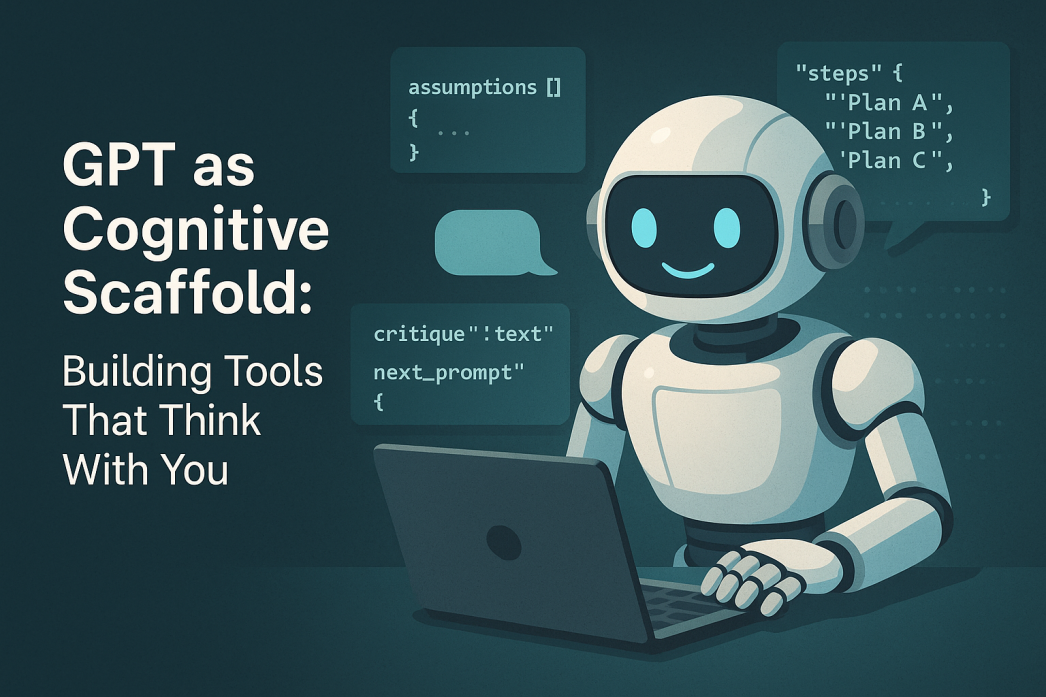 Illustration of a smiling robot sitting at a laptop, surrounded by floating JSON code blocks labeled "assumptions", "steps", "critique", and "next_prompt", with the title text "GPT as Cognitive Scaffold: Building Tools That Think With You" â representing AI-assisted structured thinking and cognitive scaffolding concepts.
