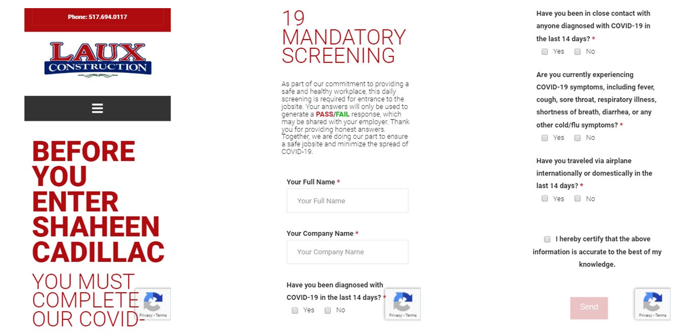 Laux Construction - Mobile COVID-19 Screening Form Screenshot