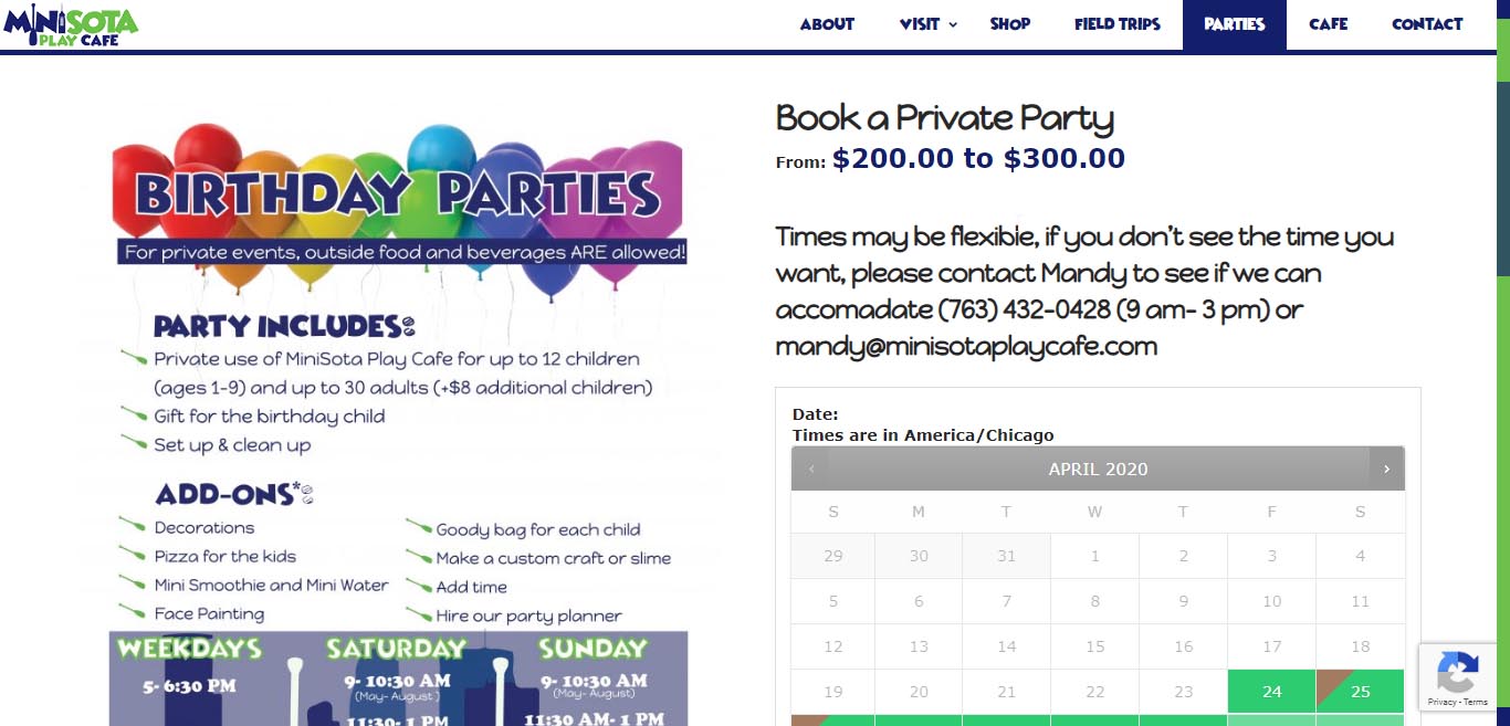 MiniSota Play Cafe - Private Party Booking Page Screenshot
