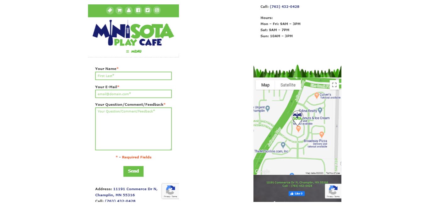 MiniSota Play Cafe - Mobile Contact Page Screenshot