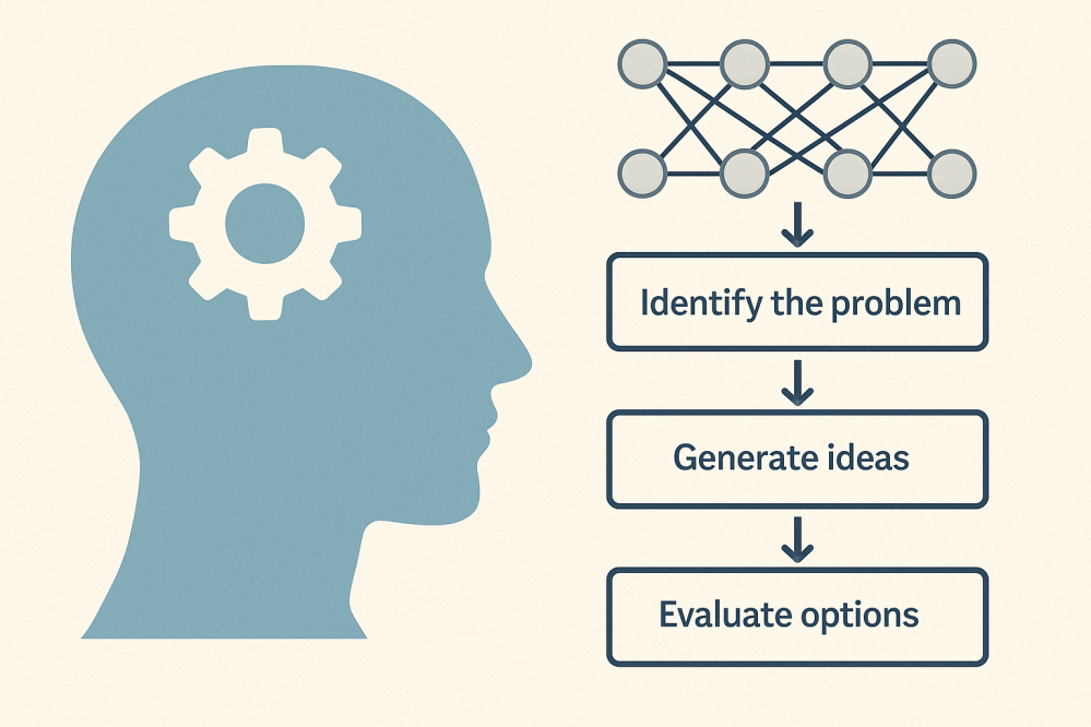 Flowchart-style illustration showing a human head with a gear inside, connected to a neural network diagram that leads to three steps: "Identify the problem", "Generate ideas", and "Evaluate options" â representing GPT's ability to simulate structured thinking through cognitive scaffolding.