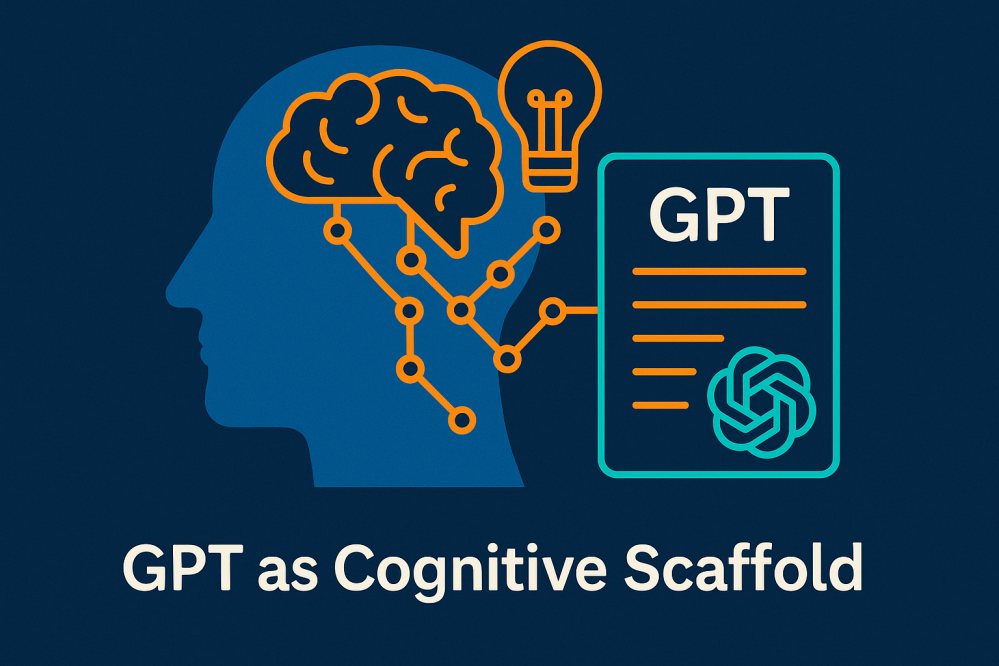 Conceptual illustration showing a human head with a connected brain and neural network diagram leading to a GPT interface, symbolizing structured thinking and AI collaboration. Text reads âGPT as Cognitive Scaffold,â highlighting the idea of AI augmenting human cognition.