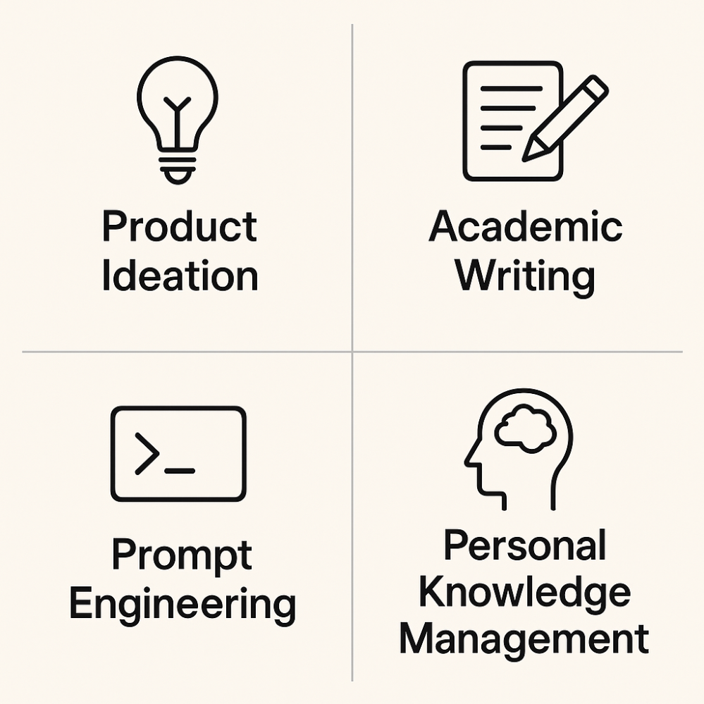 Grid of four icons representing key use cases for GPT as a cognitive scaffold: a lightbulb for Product Ideation, a paper and pencil for Academic Writing, a command line symbol for Prompt Engineering, and a head with a brain for Personal Knowledge Management â illustrating structured AI-assisted thinking across multiple domains.