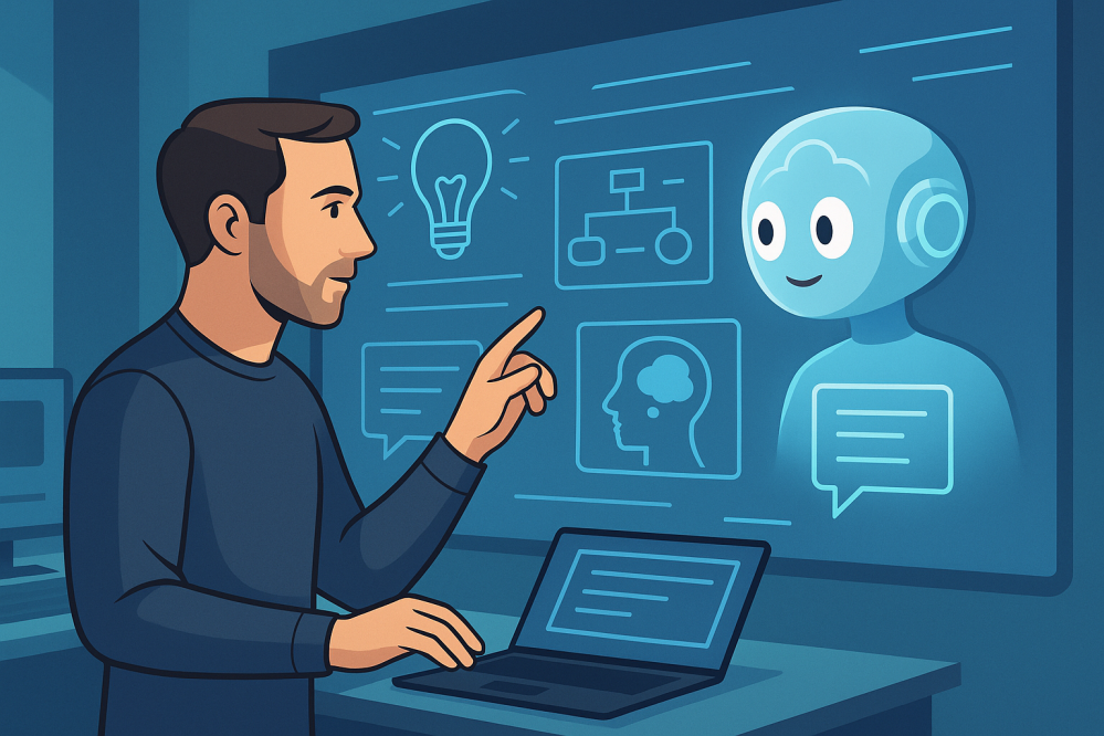 Illustration of a man interacting with a friendly AI assistant displayed on a large digital screen. The interface shows icons representing idea generation, structured workflows, and cognitive processes â symbolizing human-AI collaboration in augmenting thought through structured prompts and intelligent tools.